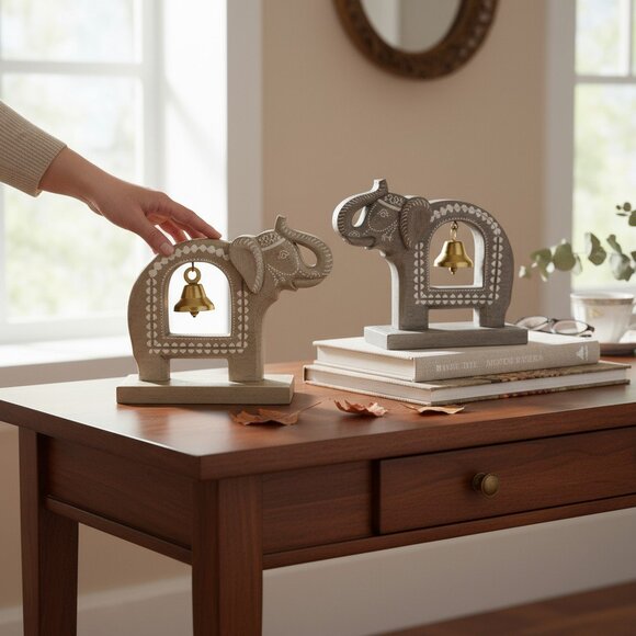 Wooden Elephant 9" with Bells Sculpture Home Decor Collectible - Picture 1 of 6